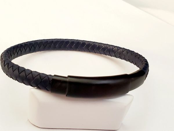 ITALGEM STEEL Mens Stainless Steel IP Blk/Navy Leather Bracelet ...