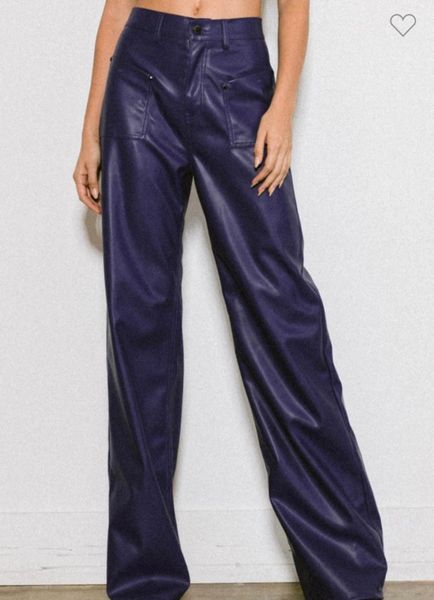 Purple Faux Leather Pants High Button Waist Wide Leg