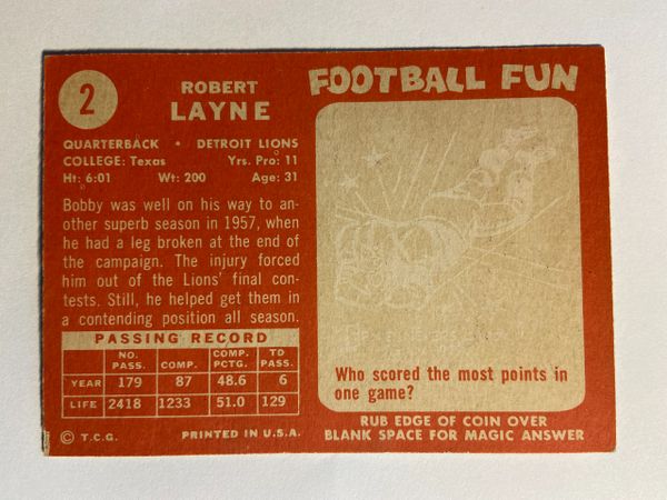 : 1958 Topps # 2 Bobby Layne Detroit Lions (Football Card) EX/MT  Lions Texas : Collectibles & Fine Art