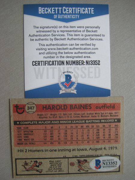Harold Baines Autographed 1981 Topps Baseball ROOKIE Card 347 Beckett 