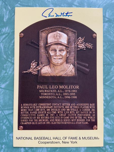 Paul Molitor Autographed Hall of Fame Gold Plaque Postcard