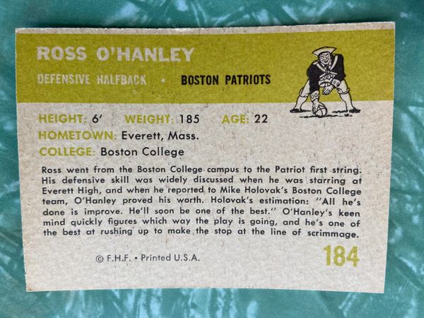 : 1962 Fleer # 11 Ross O'Hanley New England Patriots (Football  Card) POOR Patriots Boston College : Collectibles & Fine Art