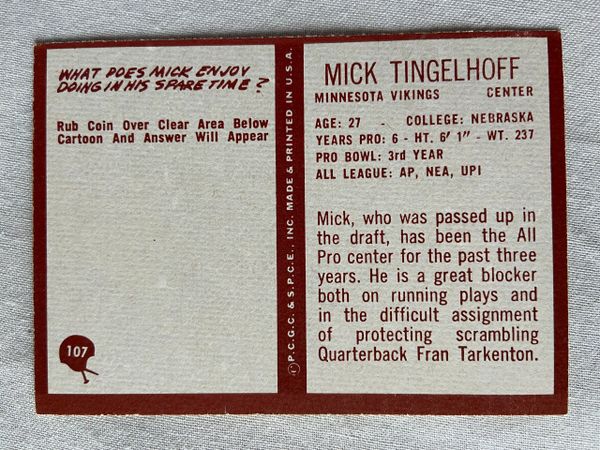 1967 Philadelphia NFL Mick Tingelhoff #107, Good