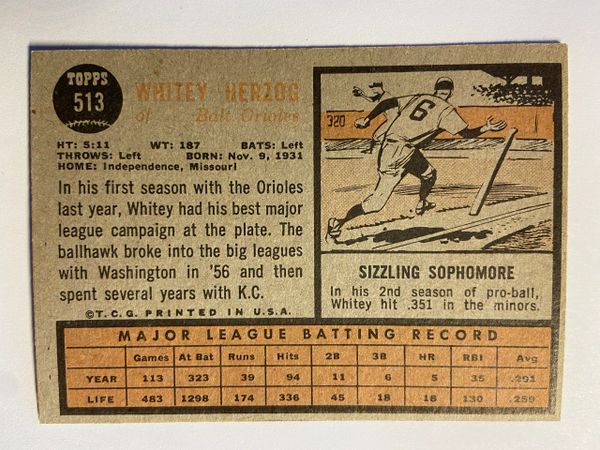 Whitey Herzog 1962 Topps Baseball Card # 513 Orioles