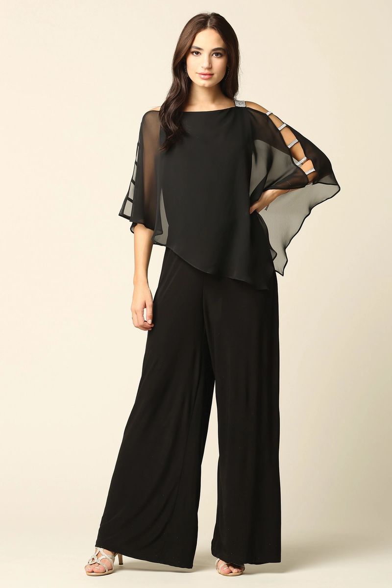 Black jumpsuit with chiffon hot sale overlay