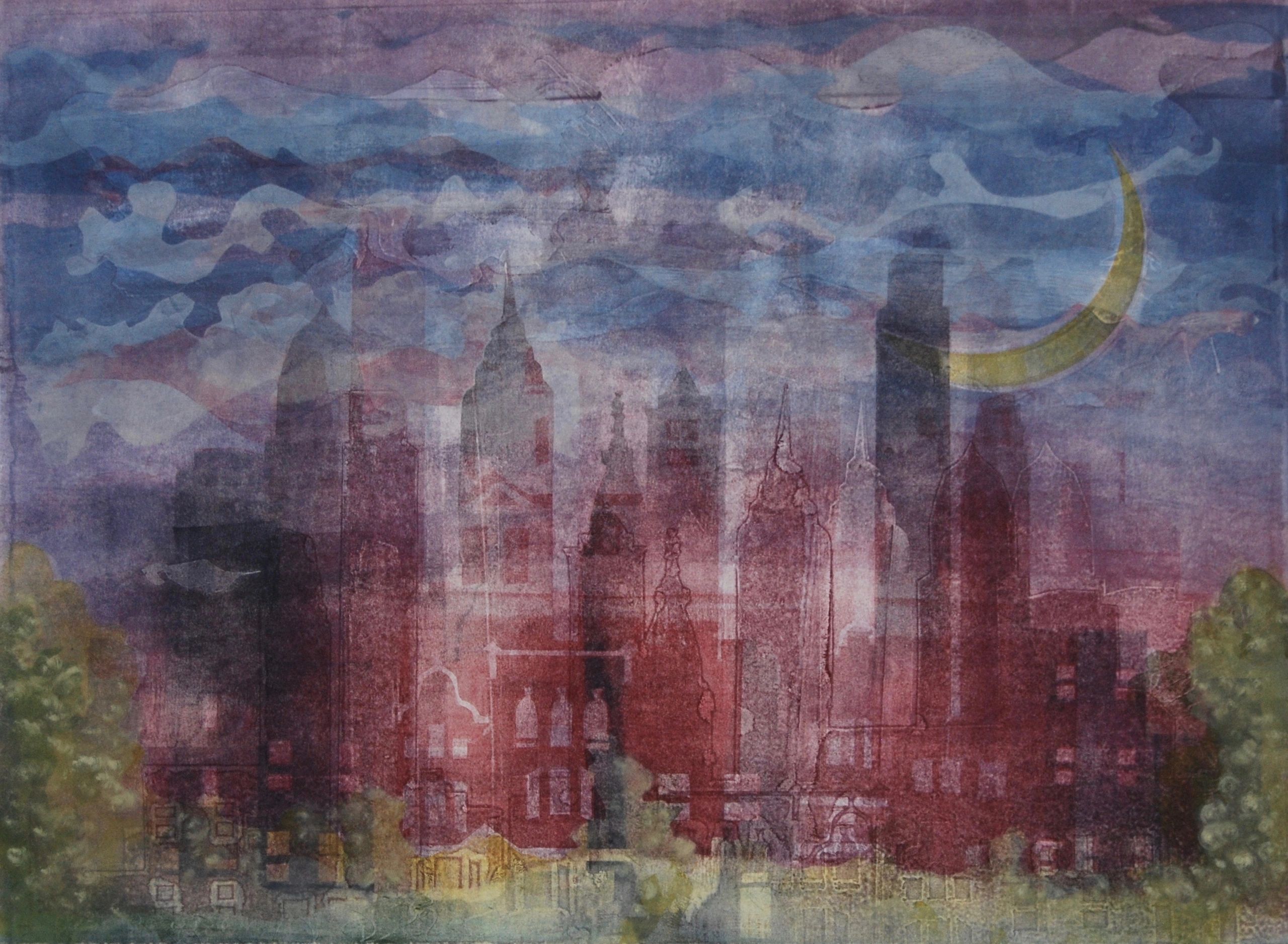 Philadelphia skyline; dream image; crescent moon; reflections; hometown; original printmaking; art