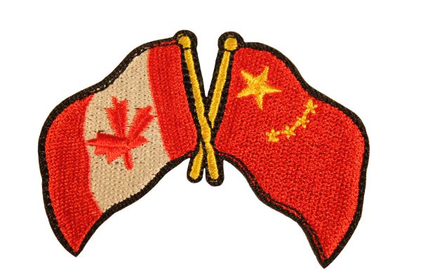 CANADA & CHINA Waving COUNTRY FLAGS Iron - On PATCH CREST BADGE .. Size : 2.6" X 2" Inch