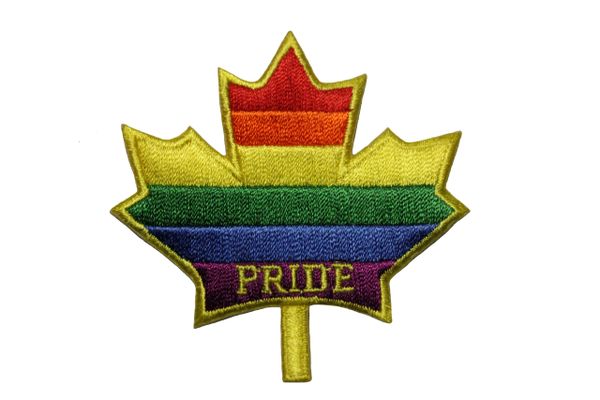 MAPLE LEAF , PRIDE LGBTQ Gay & Lesbian ..Flag Gold Trim Embroidered Iron - On PATCH CREST BADGE
