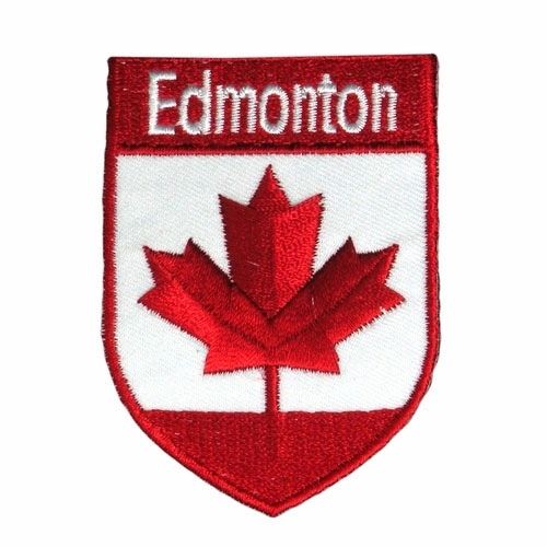 RED SHIELD COUNTRY FLAG WITH WORD "EDMONTON" IRON ON PATCH CREST BADGE .. NEW