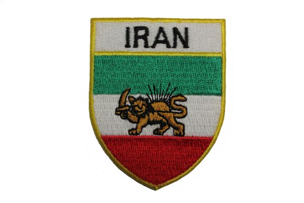 Iran Old Persian Lion Country Flag Shield Shape with Gold Trim Embroidered Iron on Patch Crest