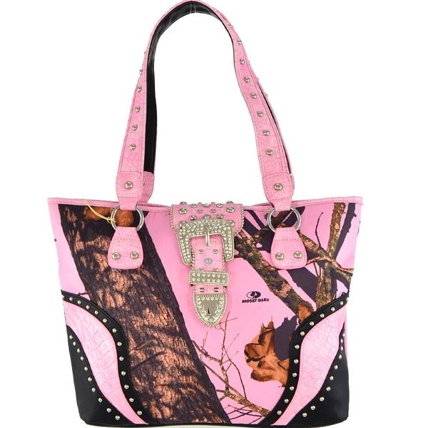 Western Belt Buckle Pink Mossy Oak Tote Bag Montana West