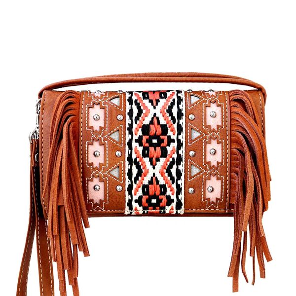 Western Leather Crossbody Bag With Leather Fringe Aztec 