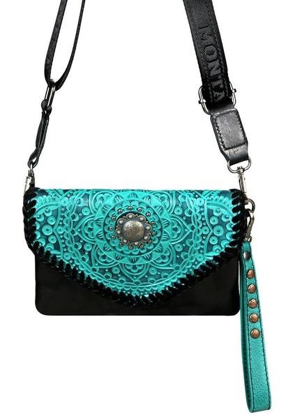 Genuine Leather Floral Tooled Fringe Crossbody Bag