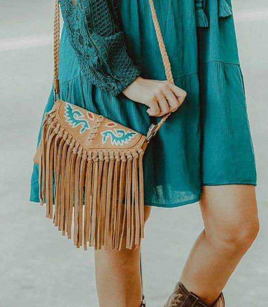 Montana West Wrangler Red Fringe and Cowhide Crossbody Purse