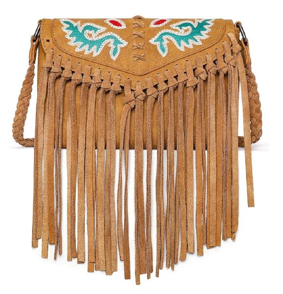 Montana West Turquoise and Fringe Western Crossbody Bag Tan