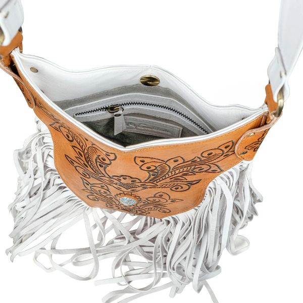 White Fringe Bohemian Tooled Leather Messenger Crossbody Bag Purse   Montana West, American Bling, Trinity Ranch Western Purses & Bags