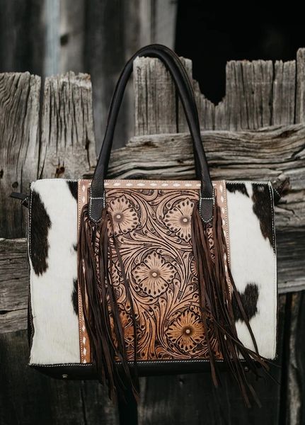 Western Tooled Hair on Leather Bag Purse