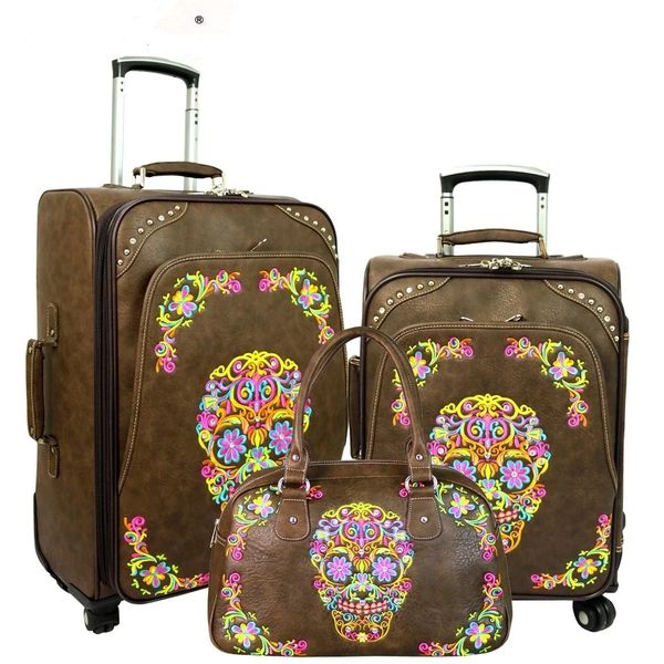 ON SALE Coffee Sugar Skull Luggage Set Montana West American Bling Trinity Ranch Western Purses Bags