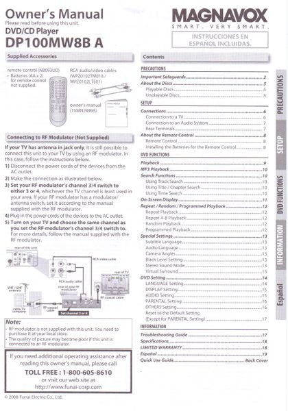 Magnavox DVD Owners Manual (Model DP100MW8B A)