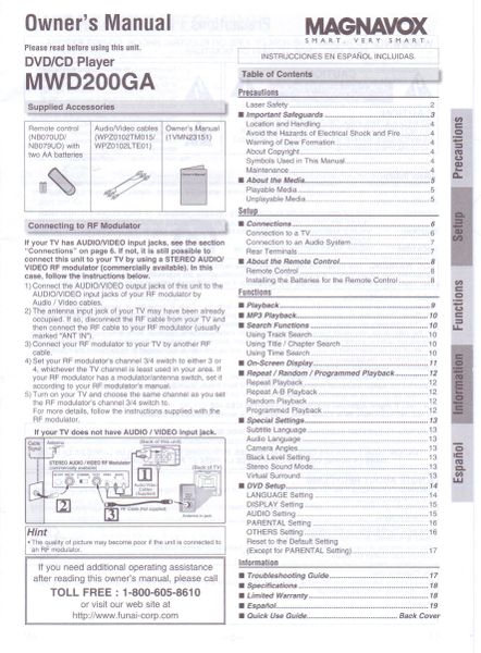 Magnavox DVD Owners Manual (Model MWD200GA)