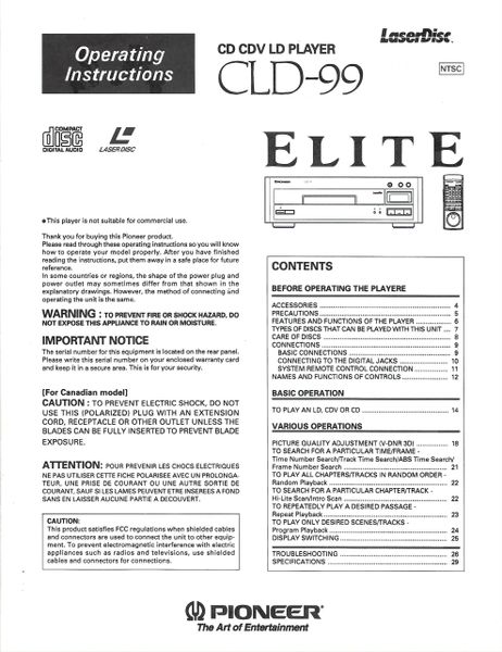 CLD-99 Elite (PIONEER LASERDISC PLAYER OPERATOR'S MANUAL)