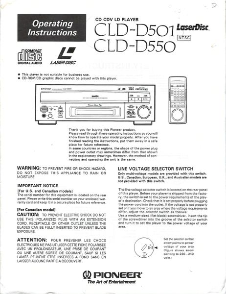 CLD-D501 and CLD-D550 (PIONEER LASERDISC PLAYER OPERATOR'S MANUAL)