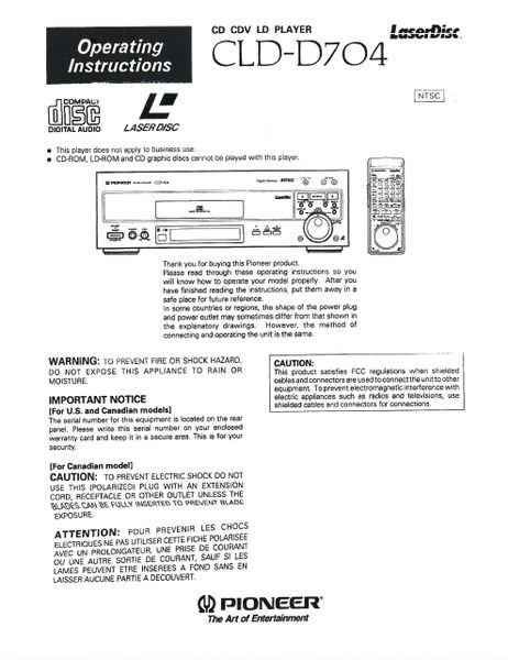 CLD-D704 (PIONEER LASERDISC PLAYER OPERATOR'S MANUAL)