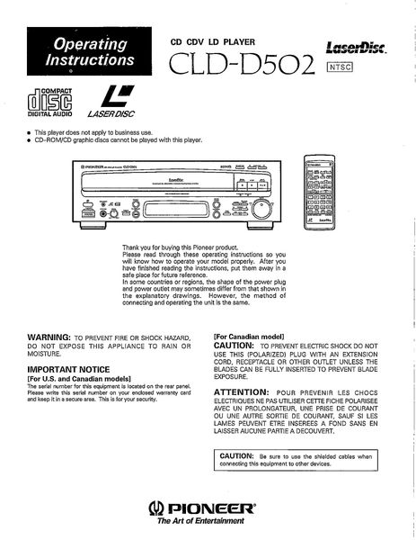 CLD-D502 (PIONEER LASERDISC PLAYER OPERATOR'S MANUAL)