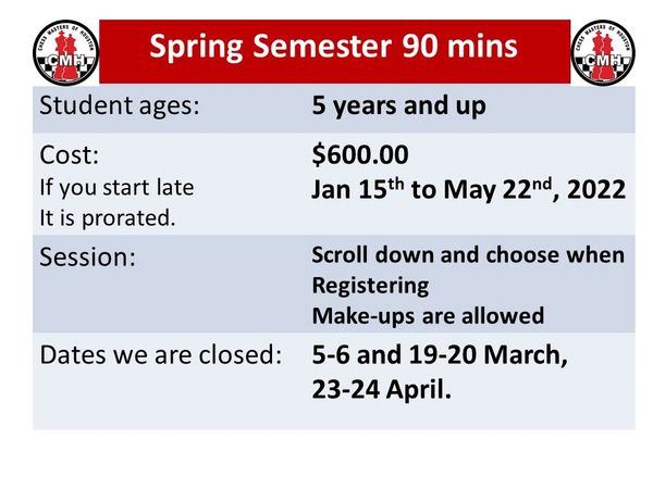 Spring semester classes 2022 for 90 minutes