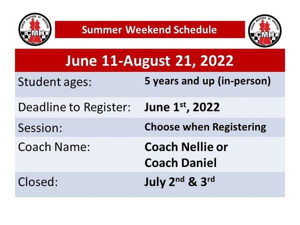 Summer Weekend Schedule June 11- August 21, 2022
