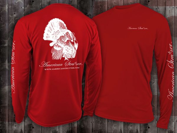 American Strutter 'Purrformance' Moisture Wick Dry Fit Long Sleeve with UPF 30 Sun Protection (Red with White Ink)