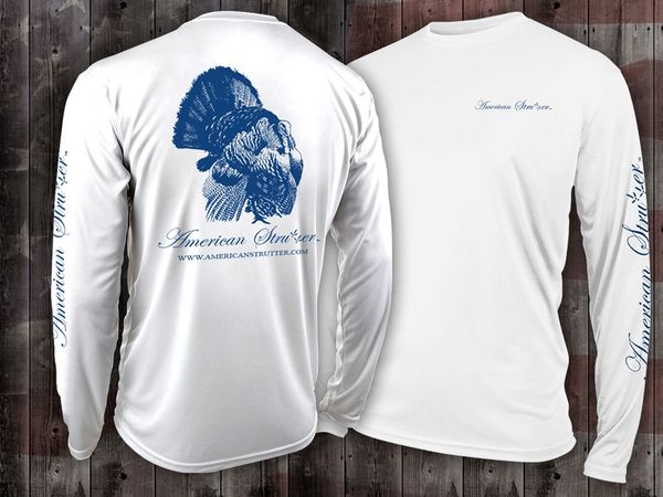 American Strutter 'Purrformance' Moisture Wick Dry Fit Long Sleeve with UPF 30 Sun Protection (White with Blue Ink)