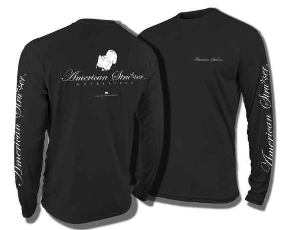 American Strutter 'Vintage Purrformance' Moisture Wick Dry Fit Long Sleeve with UPF 30 Sun Protection (Black with White Ink)