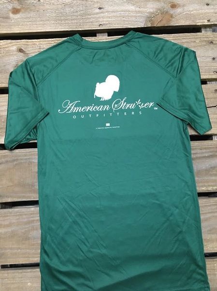 American Strutter 'Vintage Performance' Moisture Wick Dry Fit Short Sleeve with UPF 30 Sun Protection (Hunter Green with White Ink)