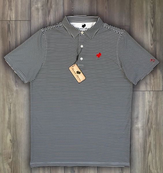 American Strutter® Performance Polo (Black/White Stripe with Red Embroidery)