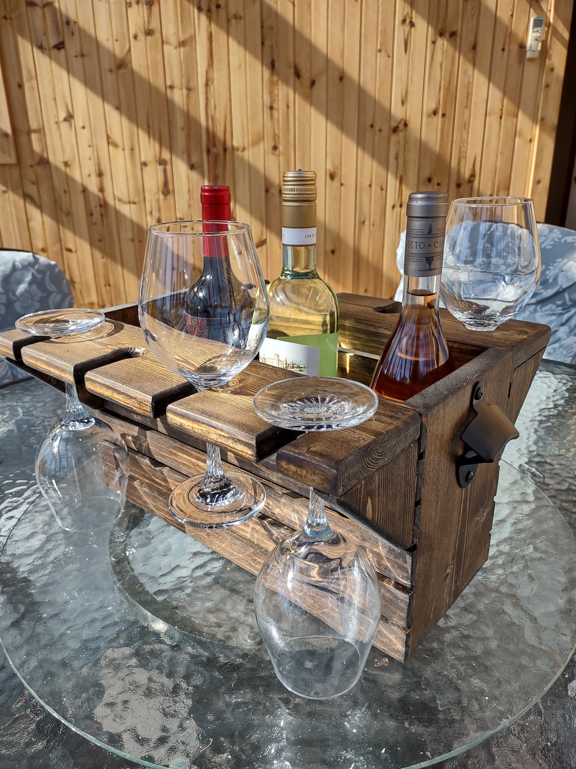 Custom Farmhouse Wood Caddy for Wine Bottles & 8  glasses Wedding Centerpiece Unique Gift