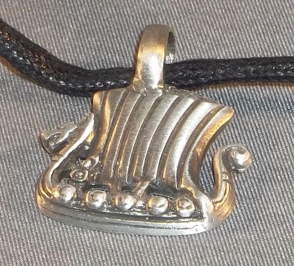 Viking Dragon Ship Pewter Pendant on Neck Cord