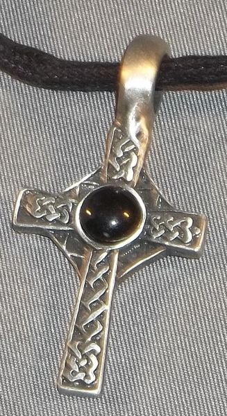Celtic Cross with Black Cabochon Pewter Pendant on Neck Cord