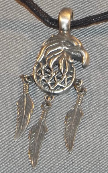 Eagle with Dream Catcher Pewter Pendant on Neck Cord