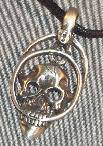 Skull with Rings Pewter Pendant on Neck Cord