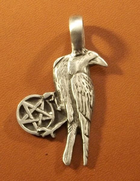 Raven with Pentagram Pewter Pendant on Neck Cord