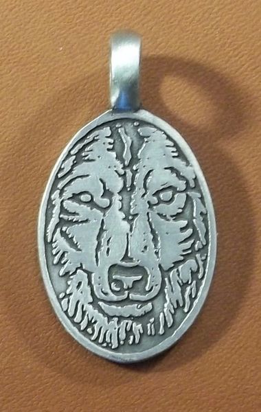 Engraved Wolf Head Pewter Pendant on Neck Cord