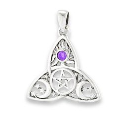 STERLING SILVER CELTIC TRIQUETRA WITH PENTAGRAM, SYNTHETIC AMETHYST AND CELESTIAL DESIGN PENDANT