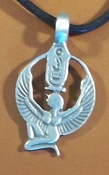 Egyptian Goddess Kneeling Pewter Pendant on Neck Cord