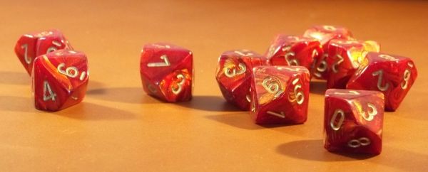 Chessex Scarab Scarlet w/gold Set of Ten d10 Dice
