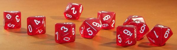 Chessex Translucent Red with white Set of Ten d10 Dice