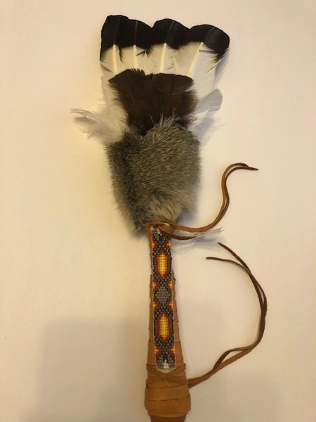 Smudge Fan with Ceremonial Gold Zappo Bead Work Hand Made in the USA of Cherokee Heritage & Inspiration