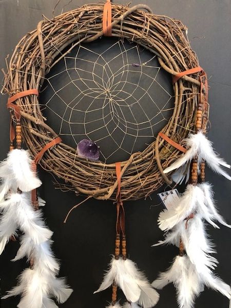 WHITE Grapevine Wreath with Large Amethyst Point and Bead Made in the USA of Cherokee Heritage & Inspiration