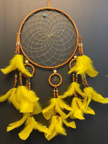 CHANDELIER with Yellow Feathers Dream Catcher Made in the USA of Cherokee Heritage & Inspiration