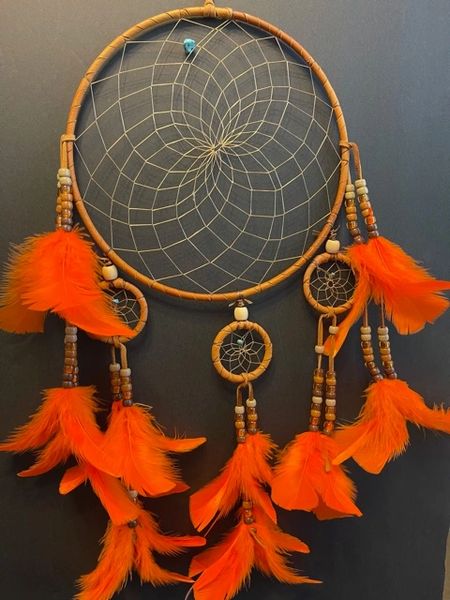 CHANDELIER with Orange Feathers Dream Catcher Made in the USA of Cherokee Heritage & Inspiration